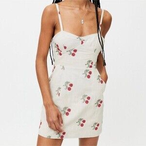 NWT Urban Outfitters Tan Cherry Embroidered Mini Bustier Dress Size Small